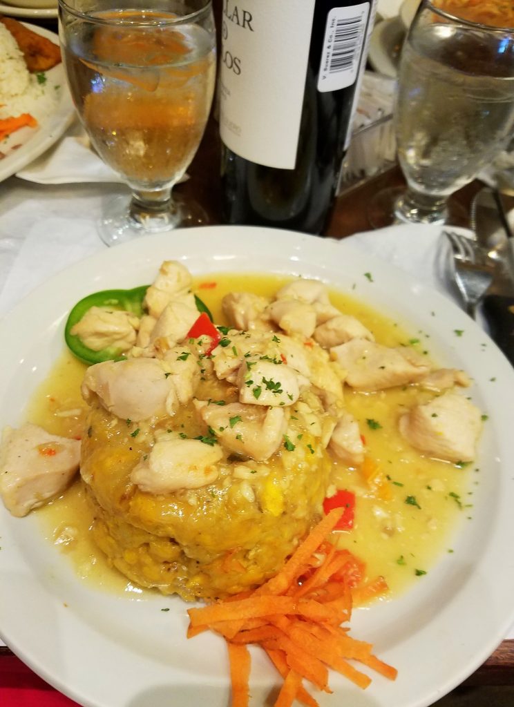 Chicken Mofongo, made of mashed plantains mixed with pork cracklings, often served as a side to a meat dish.