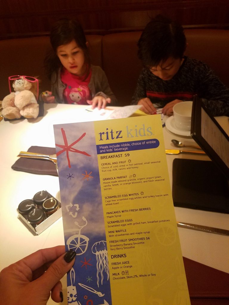 Ritz Kids Menu for the glamorous kids